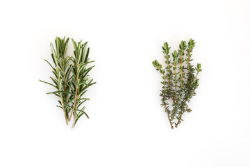 Rosemary , thyme. Bunch of garden herbs isolated on white background. Copy space