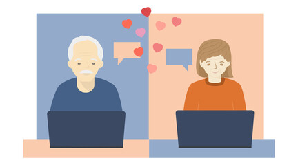 Senior people using laptop. Man and Woman talking on video call and chatting. Online dating concept. Video meeting. Isolated vector illustration on a white background
