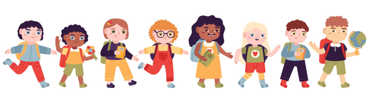 Children going to school. Boys and girls going to elementary school, happy pupils with backpacks vector illustration set. Elementary school pupils