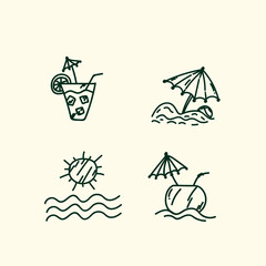 Vector set of summer icons. Summer doodle collection for Sun with waves, Coconut cocktail, Cold drink in a glass. Vector illustration