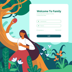 Young girl pickup fruit from tree vector illustration concept, login page design template