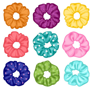 Hair scrunchies. Cartoon elastic hairdo bands, textile elastic rings, girlish hairstyle tools. Women hairdressing scrunchies vector illustration set