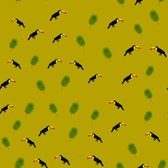 Tropical seamless pattern with toucans and palm leaves. Exotic background with birds.