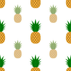 Pineapple, leaf seamless pattern. Tropical fruits textile texture isolated white background. Food print, fabric wrapping decorative backdrop. Nature concept. Repeat design element. Vector illustration
