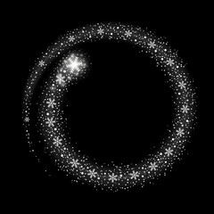 Snow star tail border. Christmas texture, isolated black background. Snowflake abstract effect. Holiday circle frame, silver glitter. Blizzard design. Winter snow fall decoration. Vector illustration