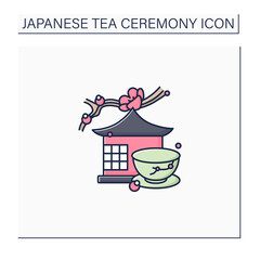 Tea room color icon. Special place for tea ritual. Japanese ethnic and national ceremony.Unique handmade ware. Ancient ceremony concept.Isolated vector illustration