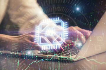 Multi exposure of woman hands working on computer and data theme hologram drawing. Tech concept.