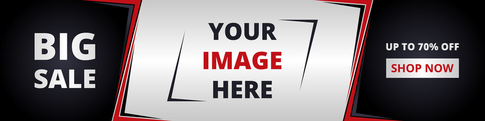 Horizontal big sale banner. Colored wide banner with black and red gradation geometric modern background for sale, special offer. Vector illustration EPS10.