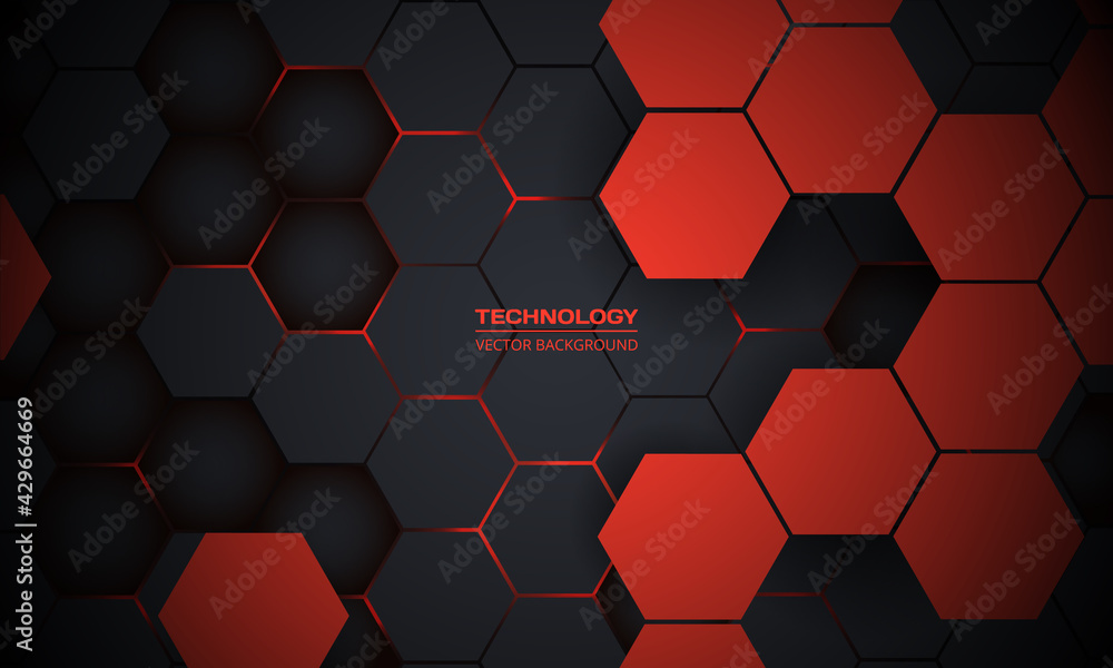 Poster Red and dark gray hexagonal technology abstract vector background. Red bright energy flashes under hexagon in futuristic modern technology background vector illustration. Black honeycomb texture grid.