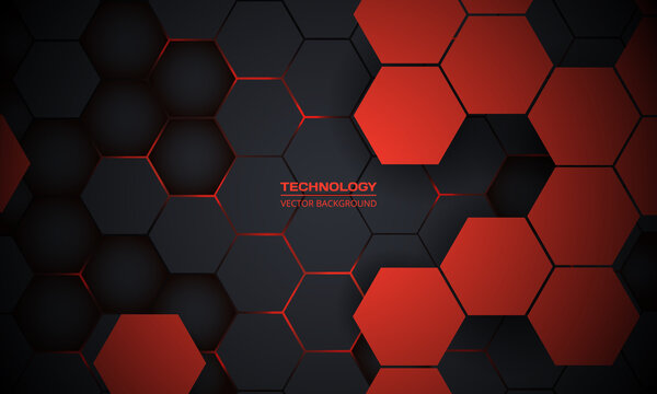 Red and dark gray hexagonal technology abstract vector background. Red bright energy flashes under hexagon in futuristic modern technology background vector illustration. Black honeycomb texture grid.