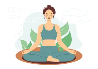 Obraz na płótnie Canvas Woman meditating. Yoga, relax, meditation concept. Vector illustration in flat cartoon style
