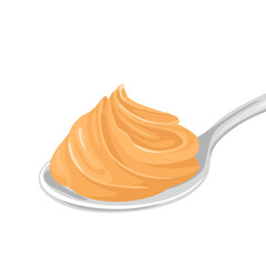 Peanut butter in spoon isolated on white. Vector illustration in cartoon flat style.