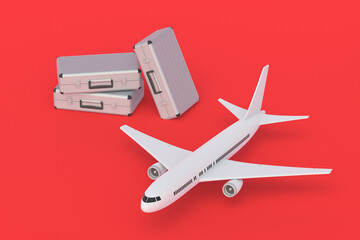 Metal suitcase near airplane. Business flights, travel. Investing in airlines, passenger air transportation. Financing of aircraft construction. Fast charter planes. 3d render