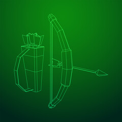 Medieval Bow and arrow archer weapon. Wireframe low poly mesh vector illustration.