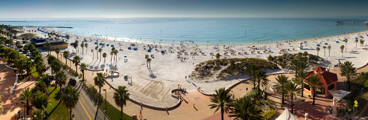 This wide panoramic view of Clearwater Beach Resort in Florida shows the  length and beauty of this gulf resort.