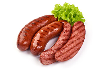 Grilled pork sausages, isolated on white background