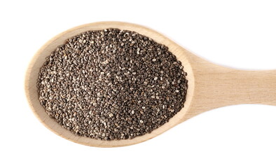 Chia seeds pile in wooden spoon isolated on white background, top view