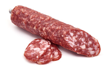 Dried sausage, close-up, isolated on white background