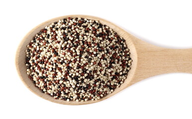 Tri-color quinoa seeds blend in wooden spoon isolated on white background, top view