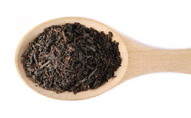 Dry black tea leaves in wooden spoon isolated on white background, top view