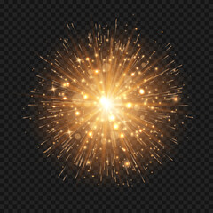 Glowing starburst explosion with sparkles and rays. Golden light flare firecracker effect with stars and glitter. Vector realistic illustration of shiny bright rocket burst