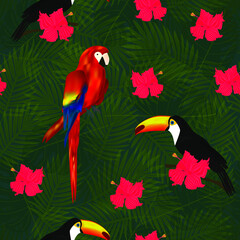 Exotic seamless pattern with tropical flowers, toucans and parrots on palm leaves background