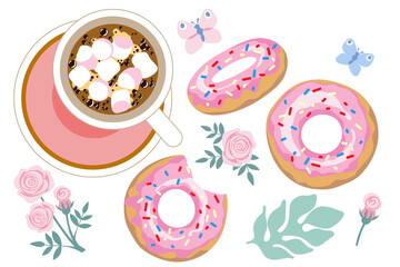 Set of donut with pink icing and sprinkles, rose flower and cup of black coffee with marshmallow. Cartoon style.