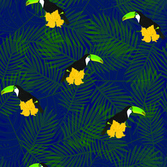Exotic composition of toucans and tropical flowers on the background of palm leaves. Seamless vector pattern