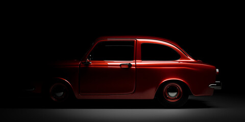 Red retro car side view in dark garage room 3d render