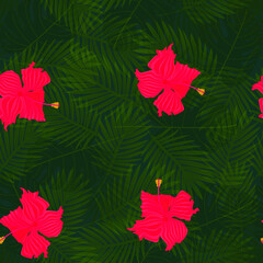 Exotic composition of hibiscus flowers on palm leaves background. Tropical seamless vector pattern.