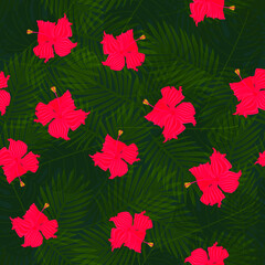 Exotic composition of hibiscus flowers on palm leaves background. Tropical seamless vector pattern.