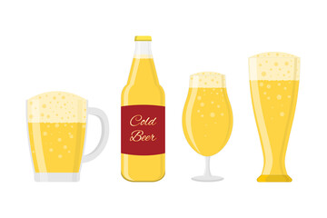 Vector beer set isolated on white. Bottle, mug and glasses with beer. For a wide variety of design applications.