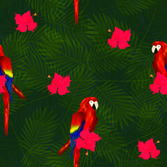 Exotic seamless pattern with tropical flowers and parrots on palm leaf background