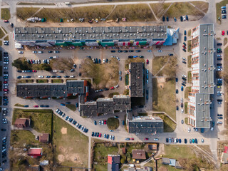 Dormitory district (bedroom community) of the Soviet architecture aerial drone view. Residential...