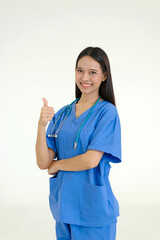 Asian happy nurse standing and thumbs up. Health care and medicine doctor. people and medicine concept.
