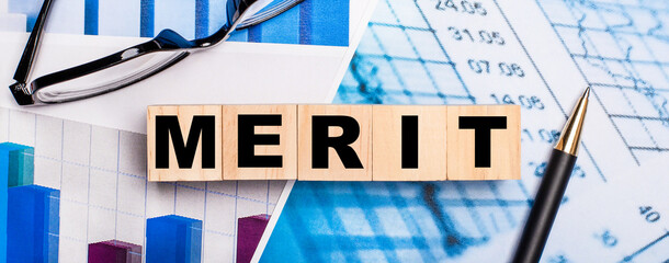 On the bright diagrams, glasses, a pen and wooden cubes with the word MERIT. Business concept