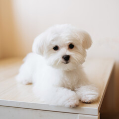 Portrait of a cute white long-haired Maltese. The puppy is 4 month old on the picture.