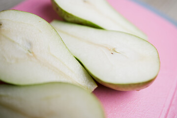 chopped ripe pear on the kitchen table