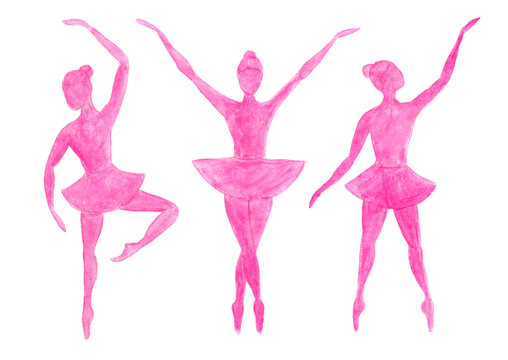 Watercolor pink silhouette of ballerinas. Isolated illustration on white background