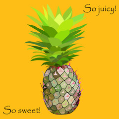 Vector illustration of pineapple with text. Bright and juicy exotic print.