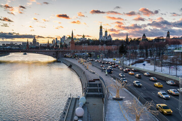 Winter sunset view of historical center of Moscow near Kremlin, Red Square and Zaryadye Park, Russia.