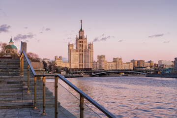 Winter sunset view of historical center of Moscow near Kremlin, Red Square and Zaryadye Park, Russia.