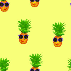 Seamless pattern with funny pineapples in sunglasses. Summer bright background of exotic fruits.