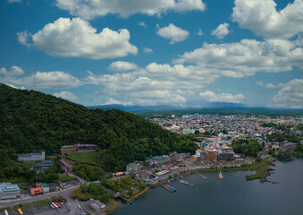 Fototapeta na wymiar Kawaguchi lake and lakeside townscape under summer blue sky