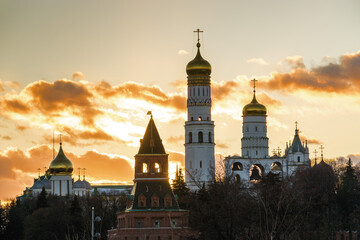 Fototapeta na wymiar Winter sunset view of historical center of Moscow near Kremlin, Red Square and Zaryadye Park, Russia.