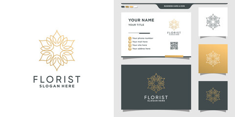 Naklejka premium Florist logo with line art style and business card design Premium Vector