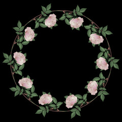Round floral frame with rosebuds. Wreath of blooming pink rose flower branches. Vintage style. On black background. © Olena
