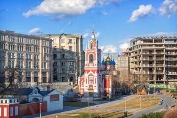 View of the St. George Church on Varvarka Street from Zaryadye Park in Moscow. Inscription:...