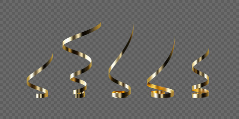 Set of golden serpentine isolated on transparent background. Decorative design elements for holidays. Realistic vector illustration.