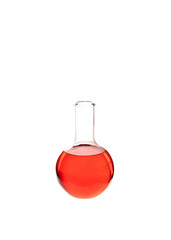 Flat bottom flask filled with colorful red liquid isolated against white backgroound